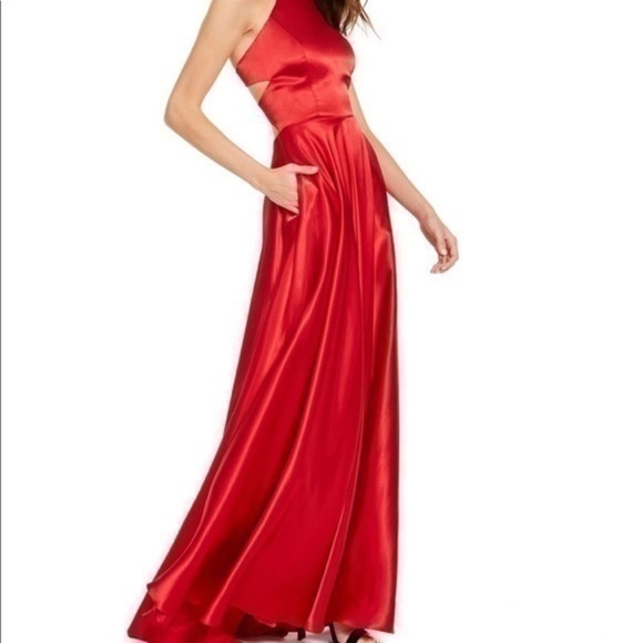 Blondie Nites Halter Neck Lace-Up Back Side Slit Satin Long Dress - Picture 3 of 11